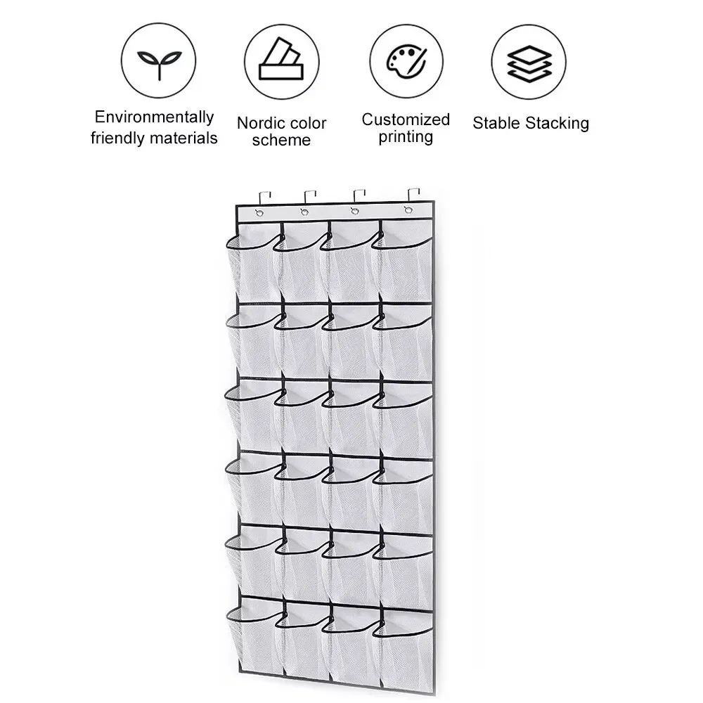 24 Pockets Wall Storage Bag Wall-mounted Hanging Shoes Clothes Organizer Rack Behind Doors with 4 Metal Hooks