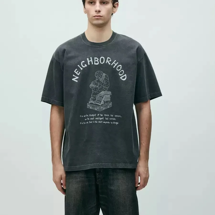 NEIGHBORHOOD Washed Olive Graphic Print T-Shirt, Loose Fit Unisex Vintage Streetwear Cotton Short Sleeve Tee