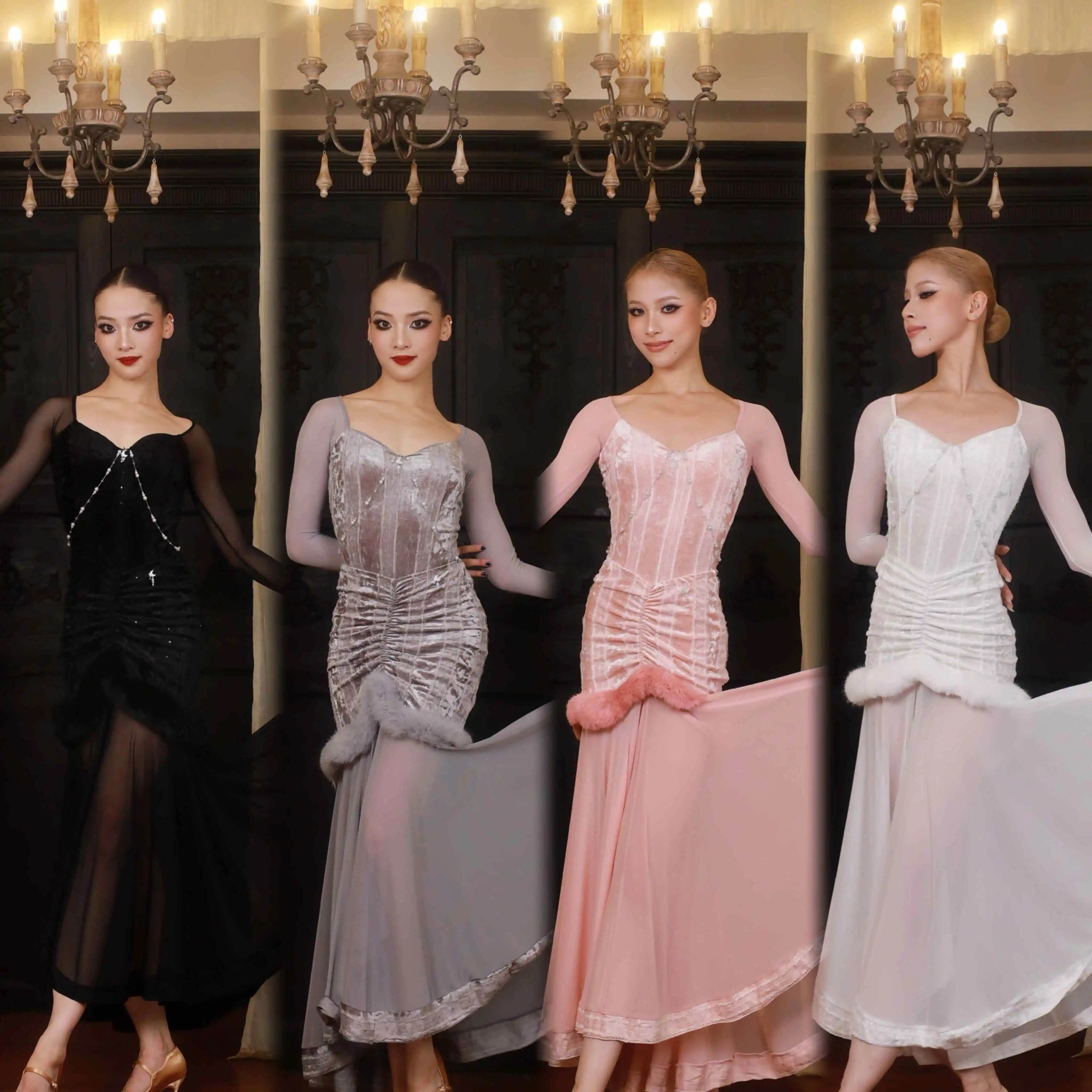 

Высококачественная одежда для бальных танцев, женские бархатные топы с жемчужными перьями, длинная юбка, платье для соревнований по вальсу, DNV25589