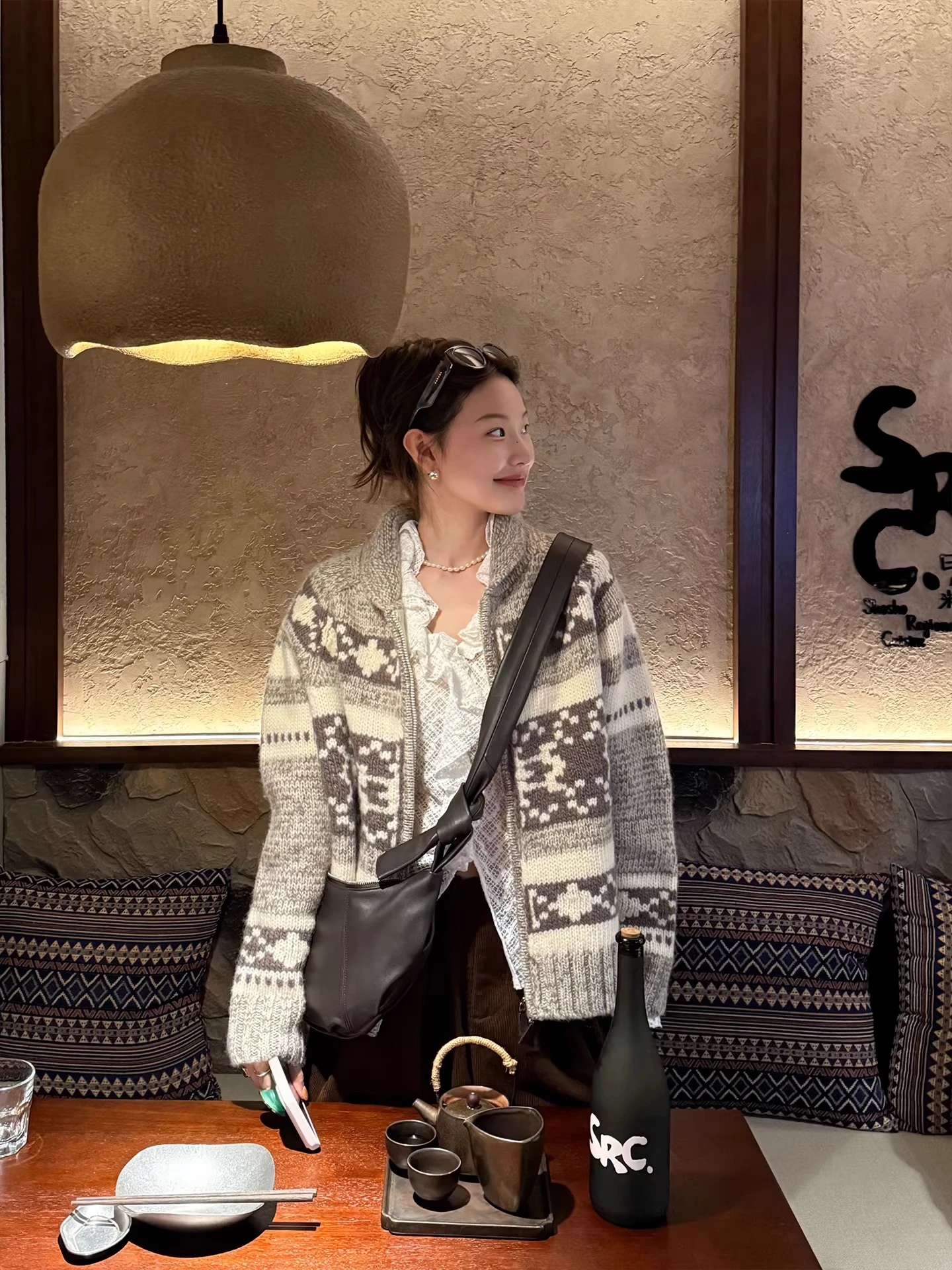 Nordic Sle Fair Isle Zipper Stricken Pullover Mantel frauen Herbst Winter Lose Fit Kragen Offene Strickjacke Weiche Warme Lange Sve