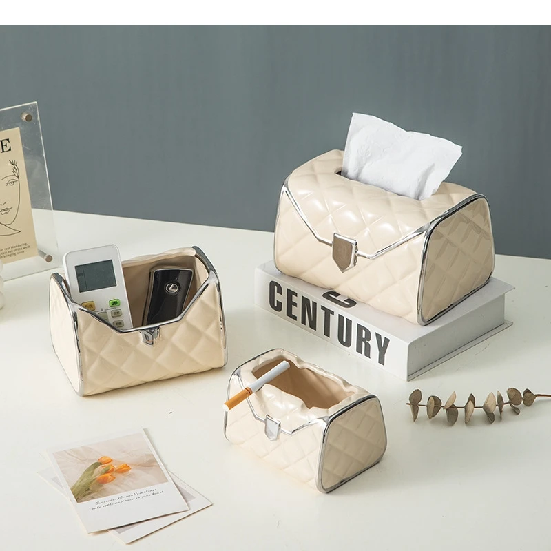 Ceramic Tissue Box Plaid Desktop Storage Ashtray Bag Shape Living Room Container Paper Towel Holder