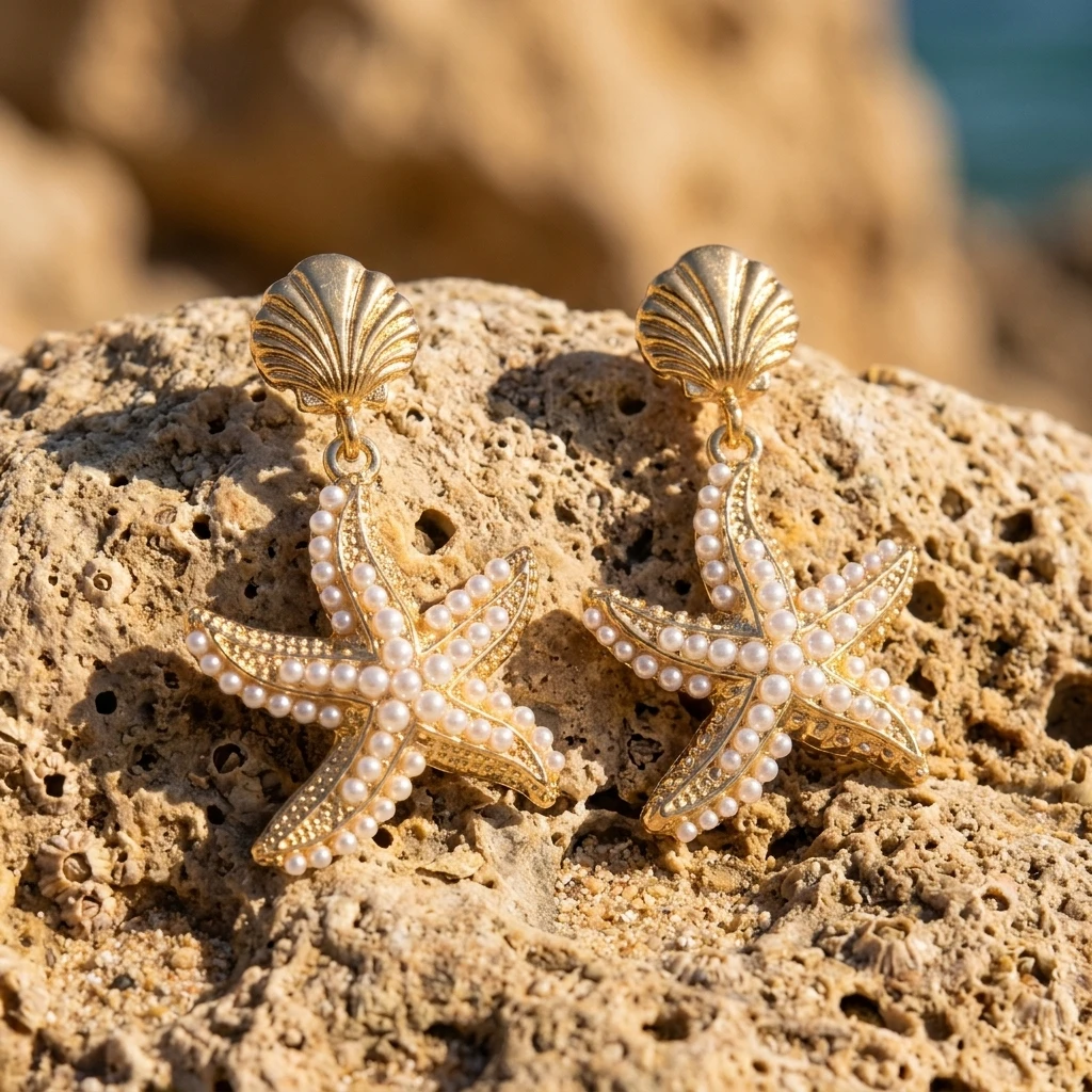 Trendige goldfarbene, simulierte Seestern-Ohrstecker für Damen, Bohemian-Stil, übertriebene Muschel-Ohrhänger, Sommer-Strand-Schmuck für den Alltag – Detail 5
