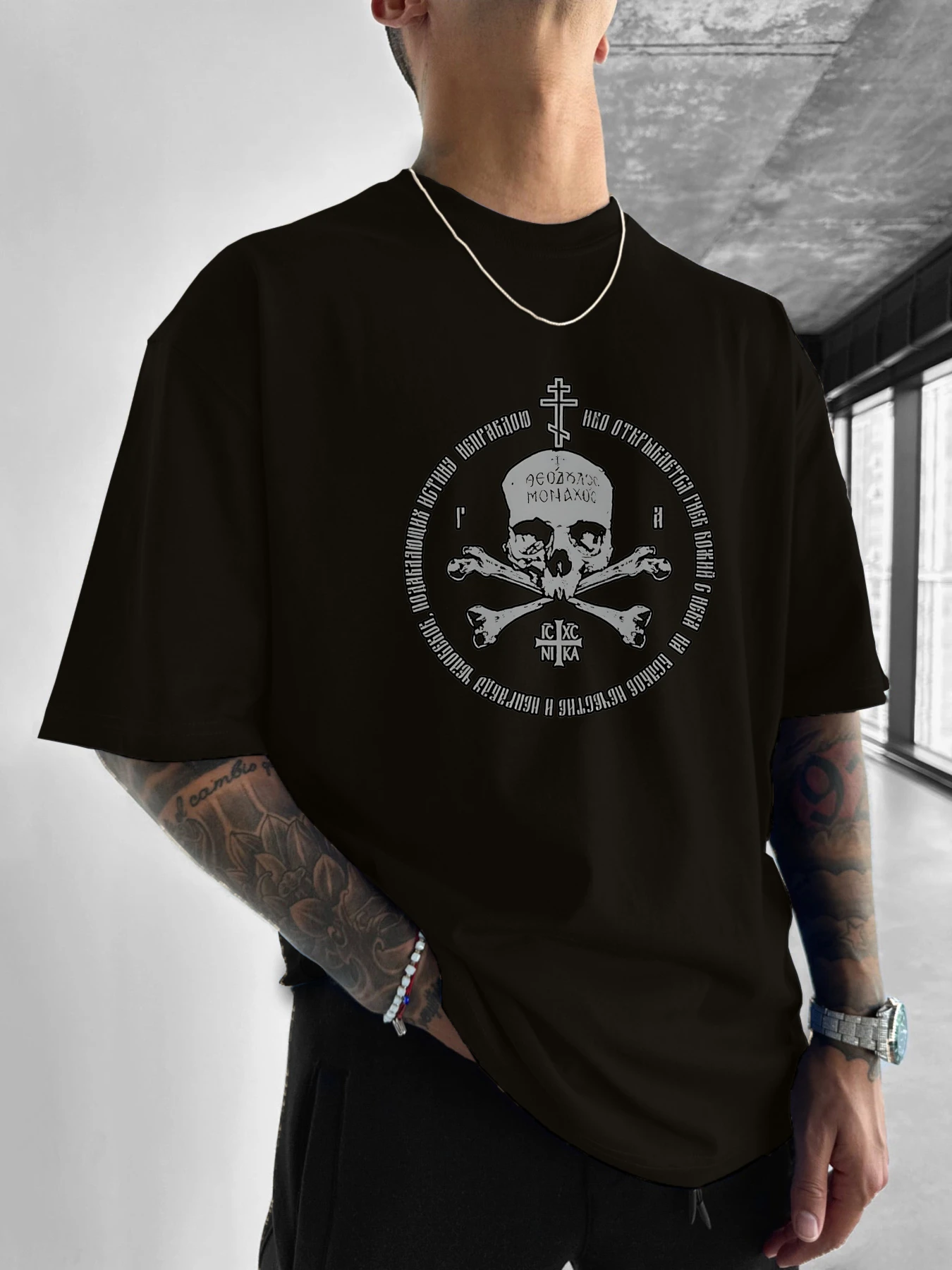 Russisch-orthodoxes Skelett Kreuz-Print T-Shirt Design Sommer Hundert lässig bedrucktes Herren-T-Shirt