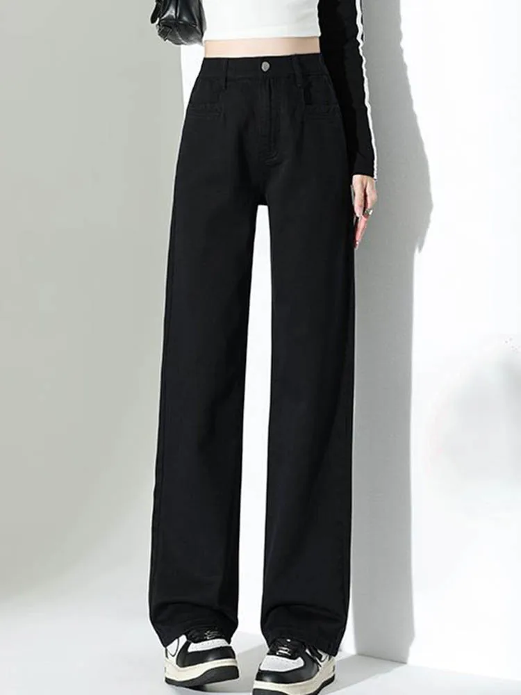Vintage Grube Proste Jeansy Zimowe Ciepłe Elastyczne Spodnie Denimowe z Wysokim Stanem Koreańska Moda Casualowe Spodnie z Aksamitną Podszewką Luźne Vaqueros Nowe