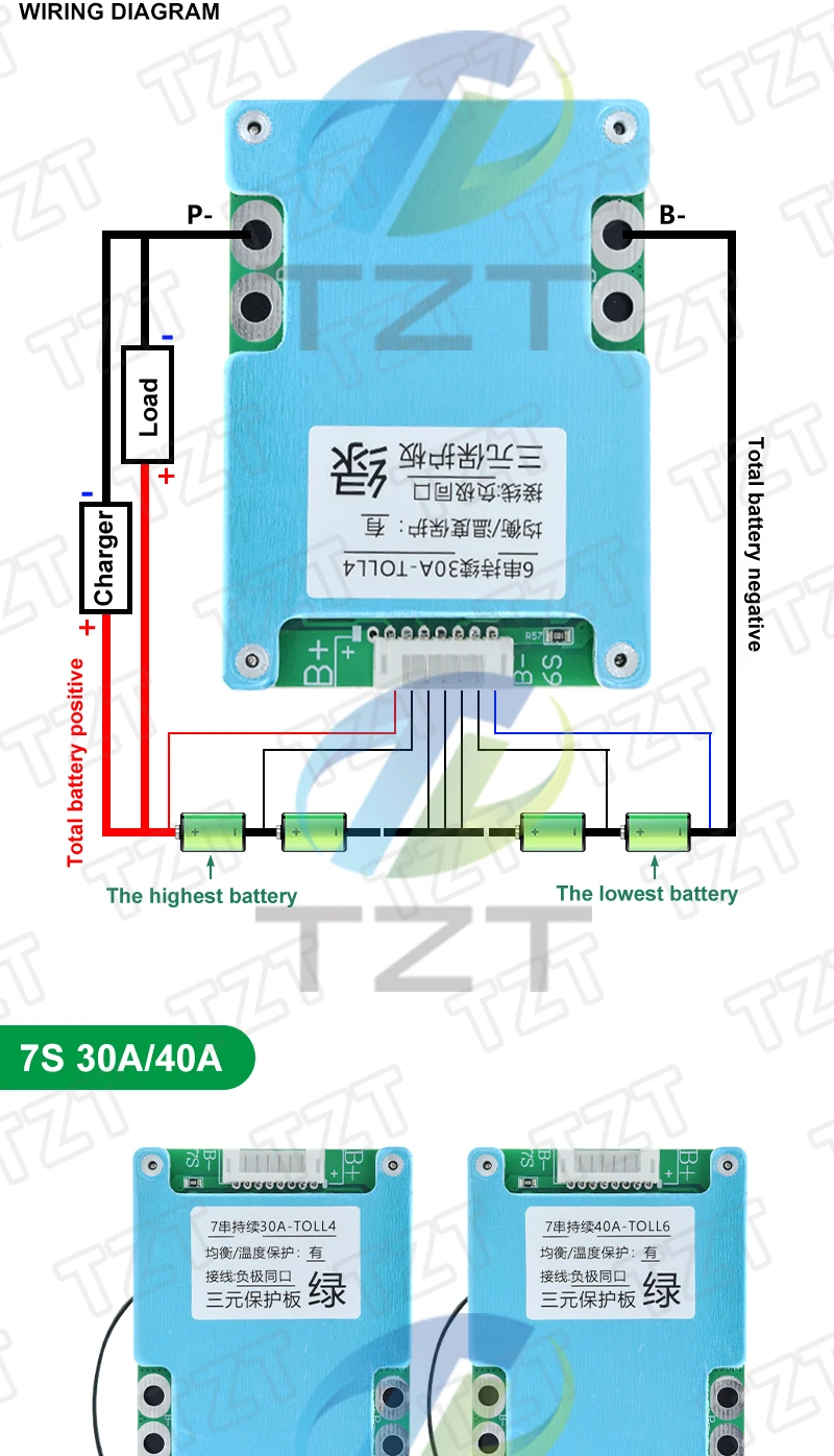 TZT 6S/7S 30A 40A BMS 4.2V 18650 Batterie-Schutzplatine mit Balancer und NTC-Temperaturschutz, gemeinsamer Anschluss mit Kühlkörper – Detail 2