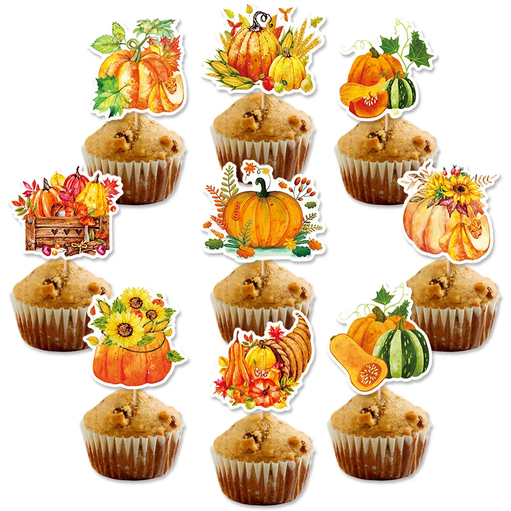 Thanksgiving Cake Topper Harvest Day Pumpkin Fruit Food Jack a lanter Cupcake Toppers Decoration Kids Party Baking Supplies Diy