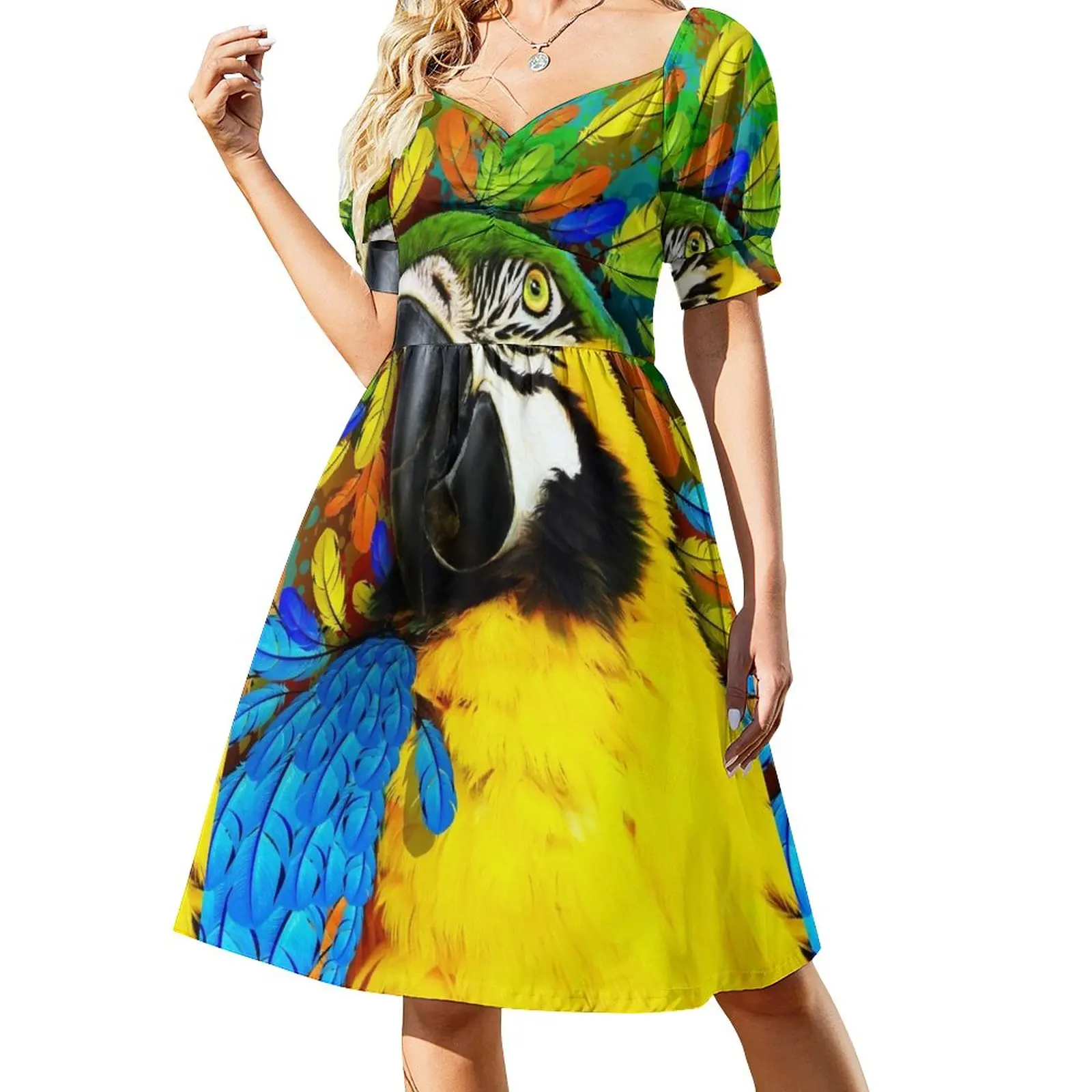 Gold and Blue Macaw Parrot Fantasy Dress long sleeve dresses prom dresses