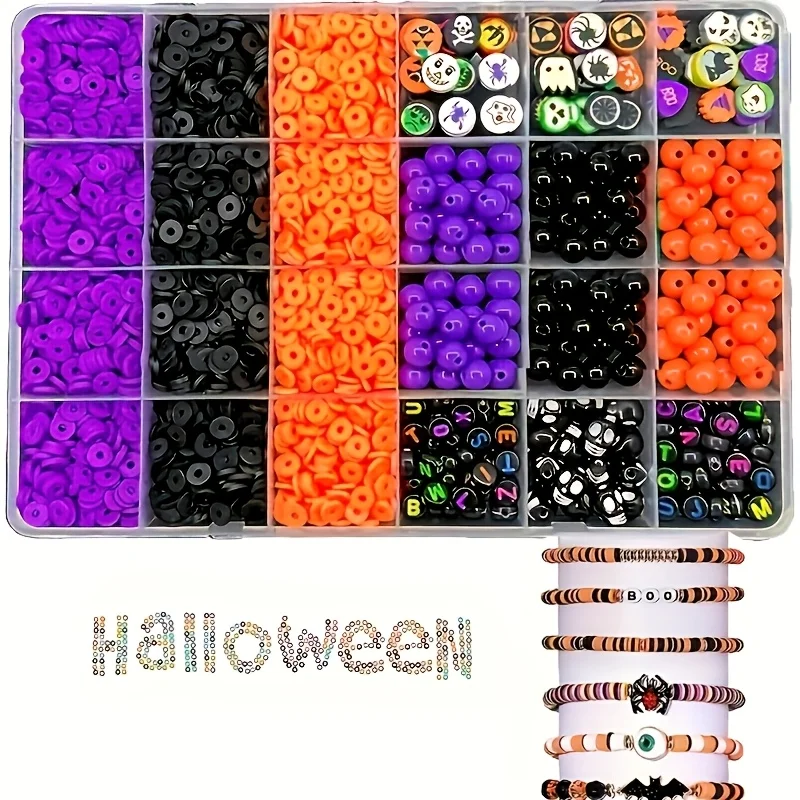 2700pcs， Halloween colored round bead soft pottery skull letter bead set box, used for DIY production supplies