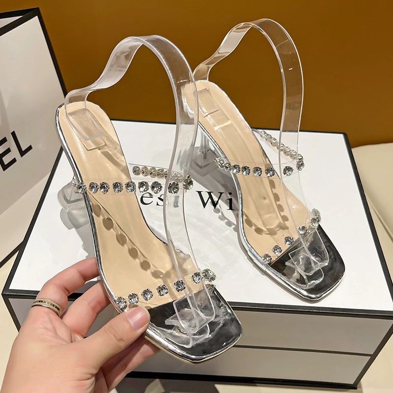 

Женские модные тапочки на высоком каблуке, летние новые прозрачные сандалии с квадратной головкой