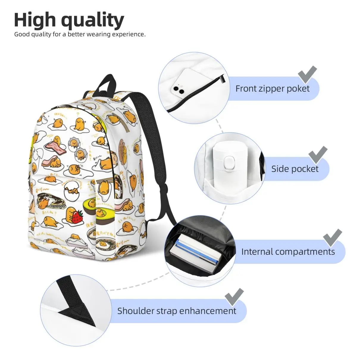 Mochila Gudetama con bonitos huevos de dibujos animados para niño y niña, mochilas escolares para estudiantes, mochila de lona, bolsa primaria para guardería, senderismo