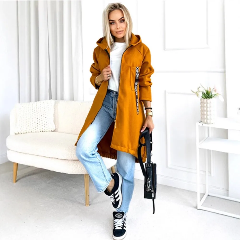 

2025 Women's Hooded Sport Fleece Hoodie Coat For Autumn Winter Casual Long-sleeved Zipper Warm Long Windbreaker Jacket Female