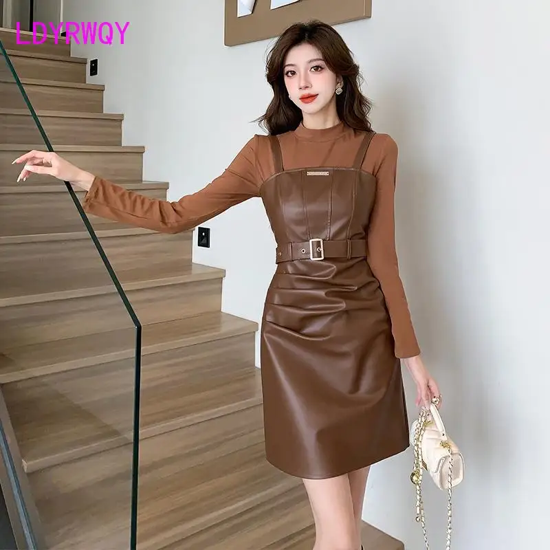 

Set of leather dresses with suspenders new long sleeved style retro waistband slimming PU leather dress set of 2