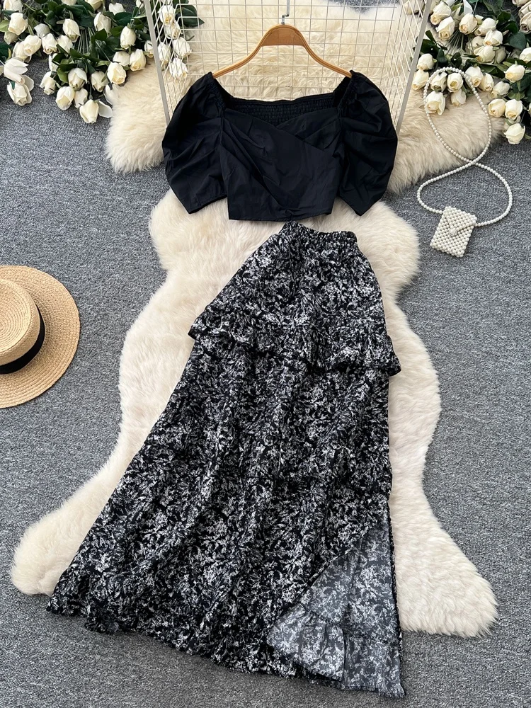 

Korean Style Commute Shirt Skirt Set Women's Summer Black Vest High Waist Slimming Midi Skirt Two-Piece Suit Fashionable Casual