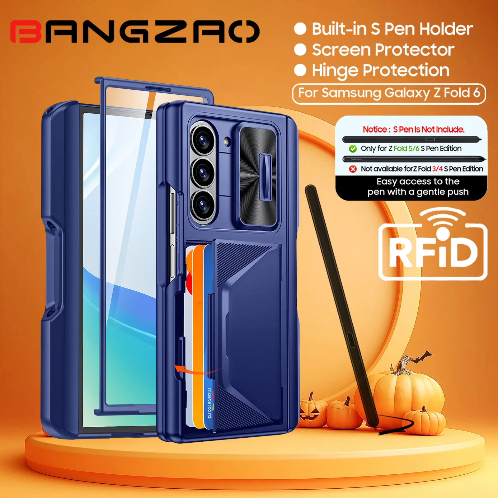 

Подарки на Хэллоуин, RFID-кошелек с держателем для карт, S-держатель для ручки, чехол для камеры, противоударный силиконовый чехол для телефона Galaxy Z Fold 6, синий