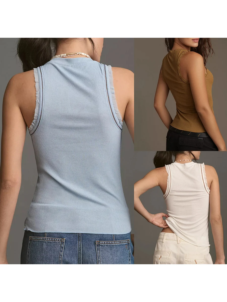 Women Tank Tops Reverse Stitch Ruffle-Sleeve Round Neck Casual Vests Summer Sleeveless Tops Streetwear