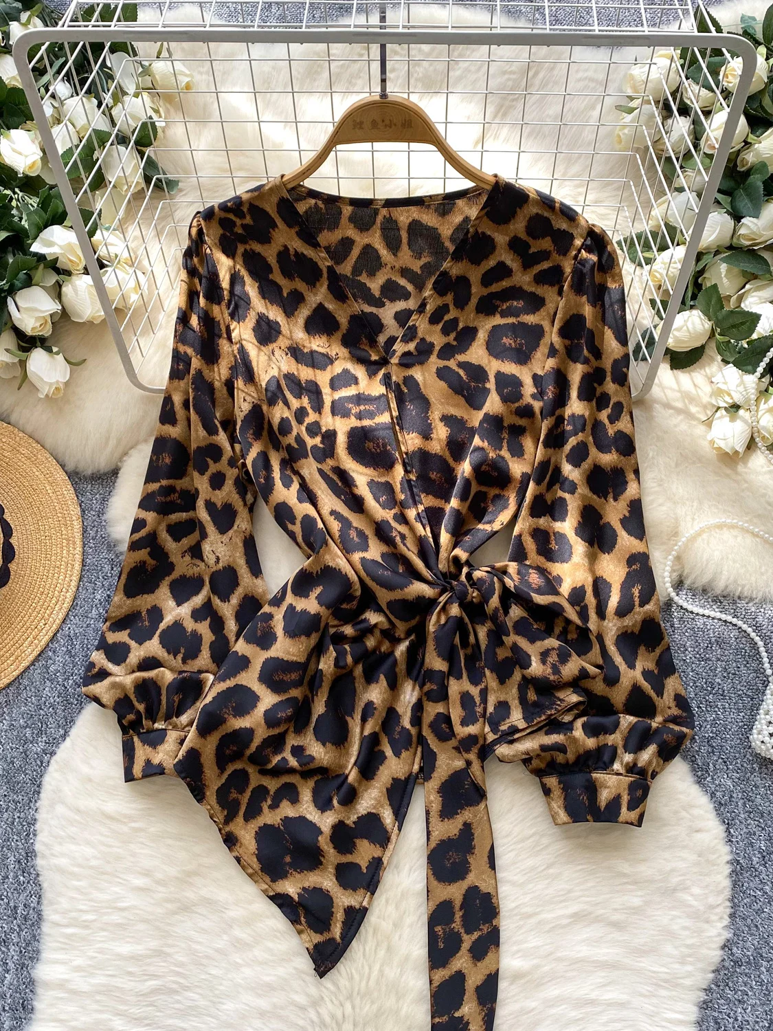 Cross-Band Waist-Cinching Lantern Sve Leopard Print irt Trendy Asymmetrical Design Loose Fit Polyester Fiber Women's irt