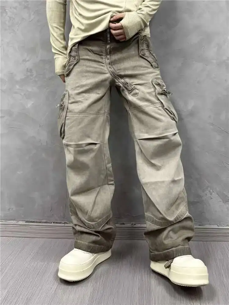 HKSH 男性ヘビーレトロウェイストランド洗浄レトロサファリスタイルカーゴパンツパンクパーソナライズされた斜めジッパーポケットオーバーオール HK4584