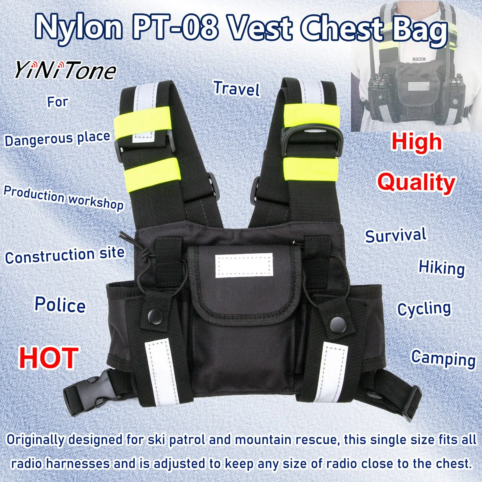 

Walkie Talkie chest bag Nylon Scratch-resistant Vest Pouch portable Radio green/Yellow Reflective stripes Harness Front Pack