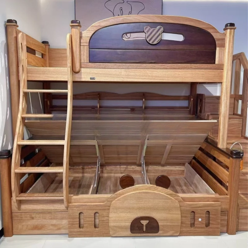

All solid wood red sandalwood staggered high and low bunk adult bunk bed children mother wood wax oil bunk