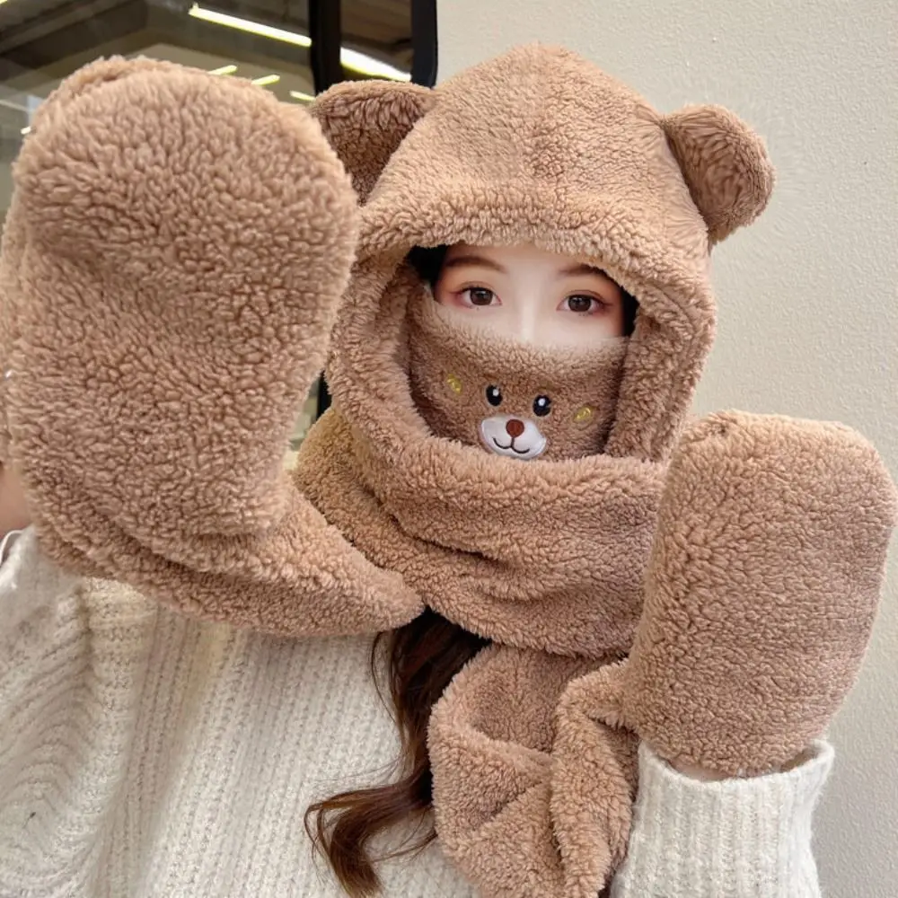 Thickened Plush Hat Scarf Gloves Set Winter Warm Cute Bear Ear Ear Protection Caps Cycling Mask Integrated Cap Scarf Girls