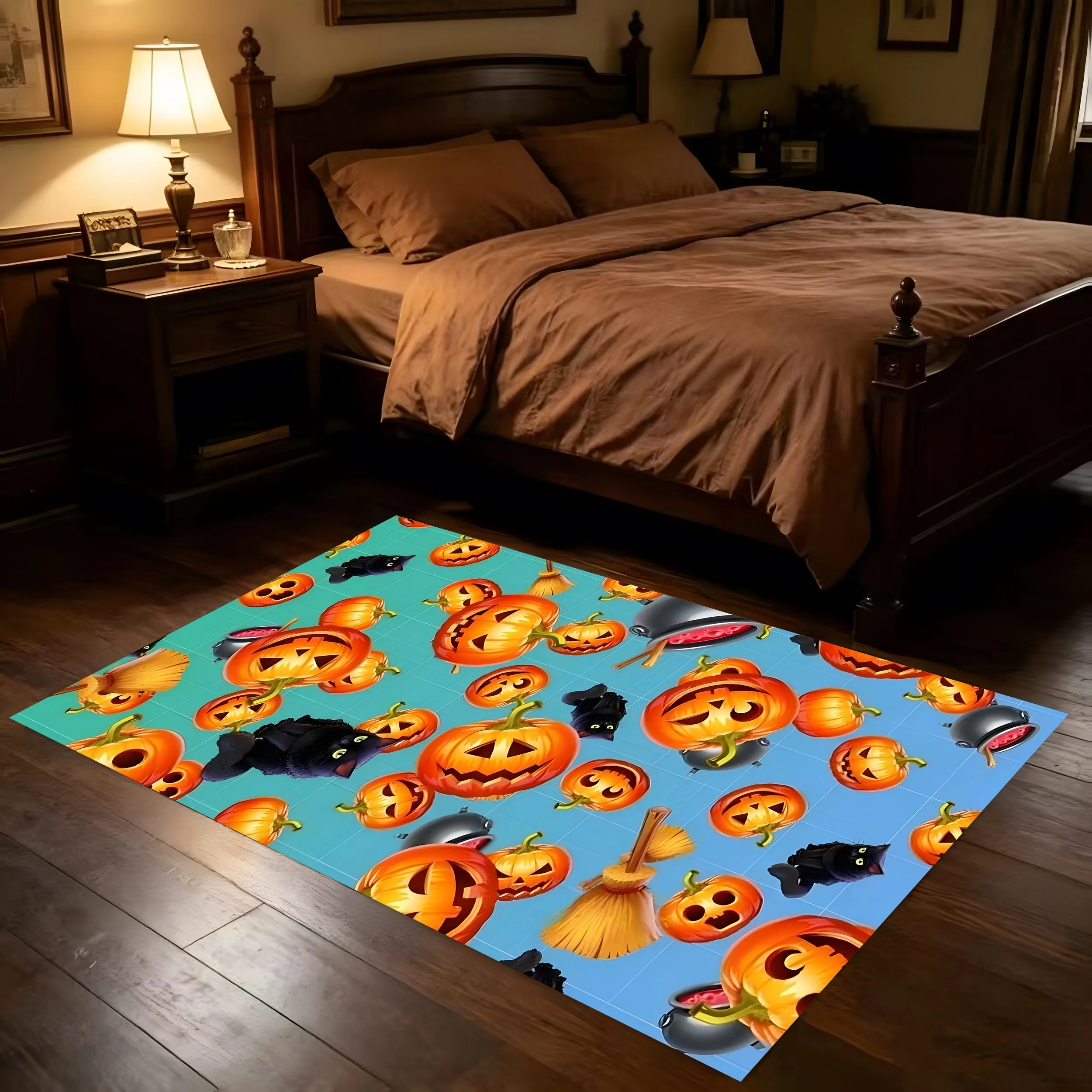 Velvet Halloween Pumpkin Black Cat Quirky 2D Rug for Living Room, Bedroom and Party, Warm Cozy