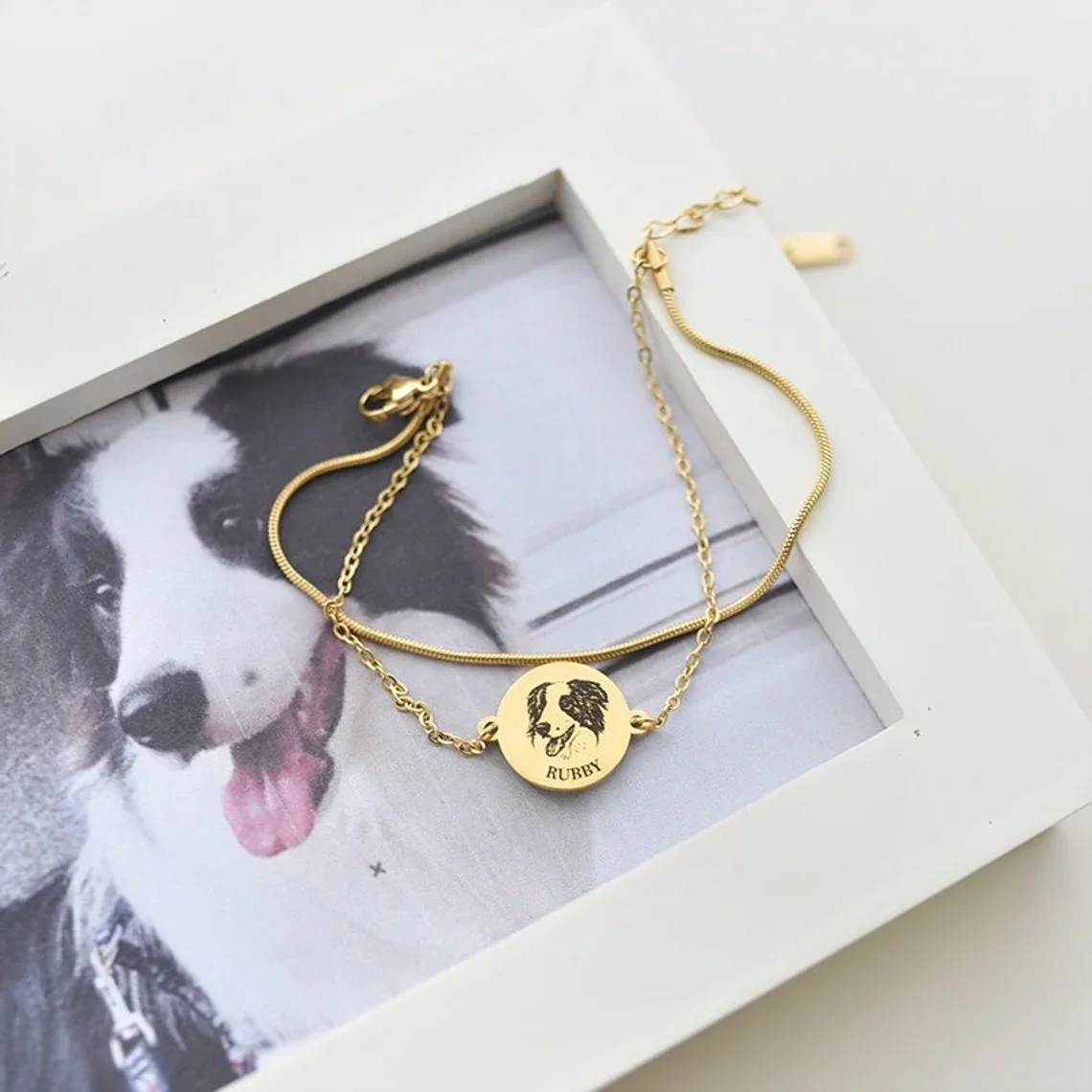

Custom Pet Photo Round Snake Chain Double Layer Bracelet Personalized Dog Portrait Engraving 18k Stainless Steel Memorial Gift