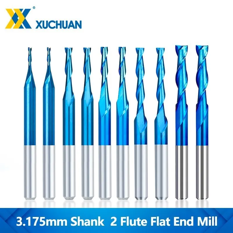 

Router Bits 10pcs 2 Flute Flat End Mill 3.175mm Shank Milling Cutter Nano Blue Coated Carbide CNC Engraving Bits Milling Tools