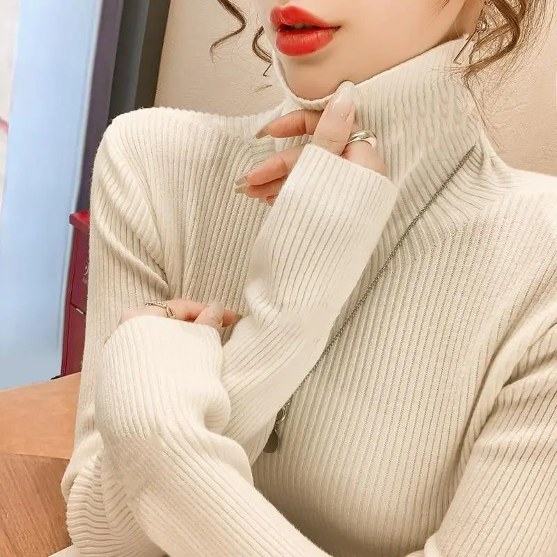 Solid Color Turtleneck Sweater Women's Autumn and Winter 2023 New Fashion Bright Line Decoration Long Sleeved Slim Pullover Tops