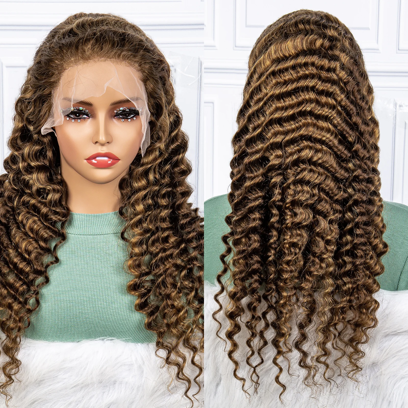

250% Density Deep Wave Wavy Human Hair Wigs Highlight Color 13x4 Transparent Lace Frontal Brazilian Hair Wig for Black Women