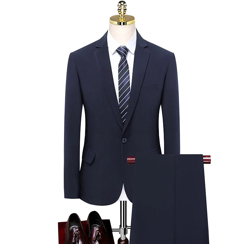 

Men's Slim Fit Navy Suit Set Adjustable Waist Business Casual Blazer & Trousers Twinset ingle-Button Notch Lapel Menswear 2025