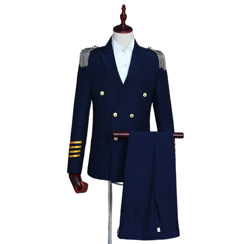 

Navy Blue Double Breasted Captain Style Men Suits Pilot Uniform Costume Cosplay Men's Party Wedding Tuxedo Dress Suits