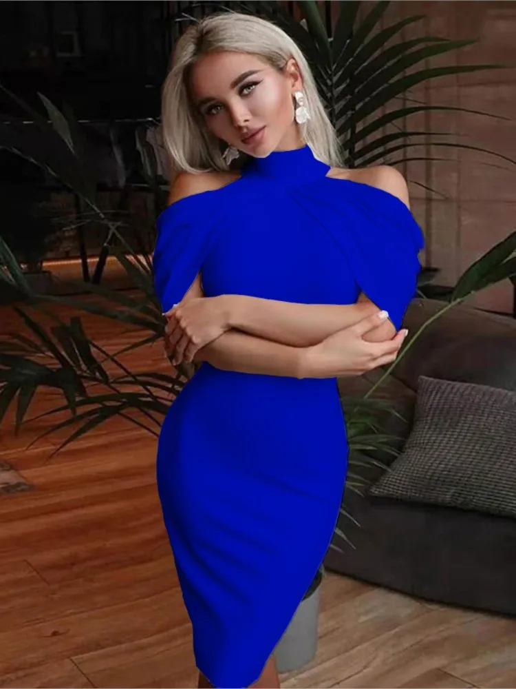 Summer New Solid Color Slim Vestidos Women Halter Neck Off Shoulder Package Hip Bodycon Elegant Temperament Ladies Vestidos