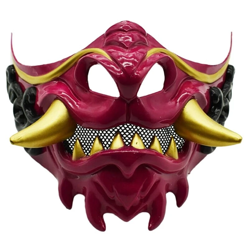 Hot kf-Halloween Japanese Samurai Ghost Devil Mask Halloween Devil Warrior Role Playing Horror Devil Warrior Thick Mask Red