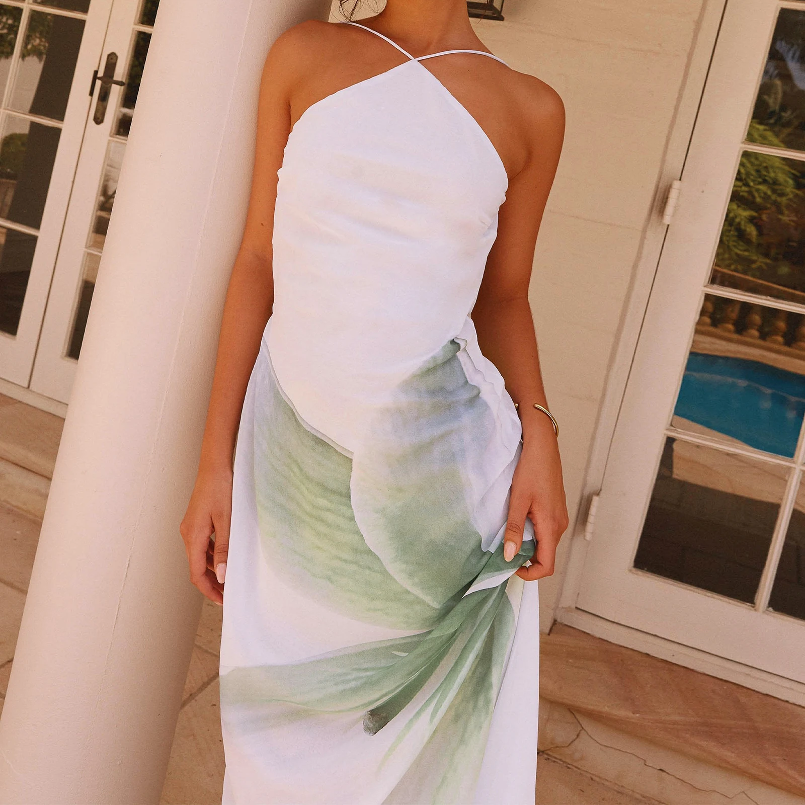 Combhasaki feminino verão halter pescoço estético flor impressão alças finas ajustáveis sem costas fino ajuste em camadas vestido longo de festa