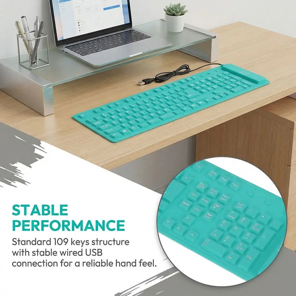 Foldable 109 Keys Silicone Keyboard Plug and Play Green,Yellow,Orange USB Wired Keyboard Waterproof Silent Keyboard Gaming