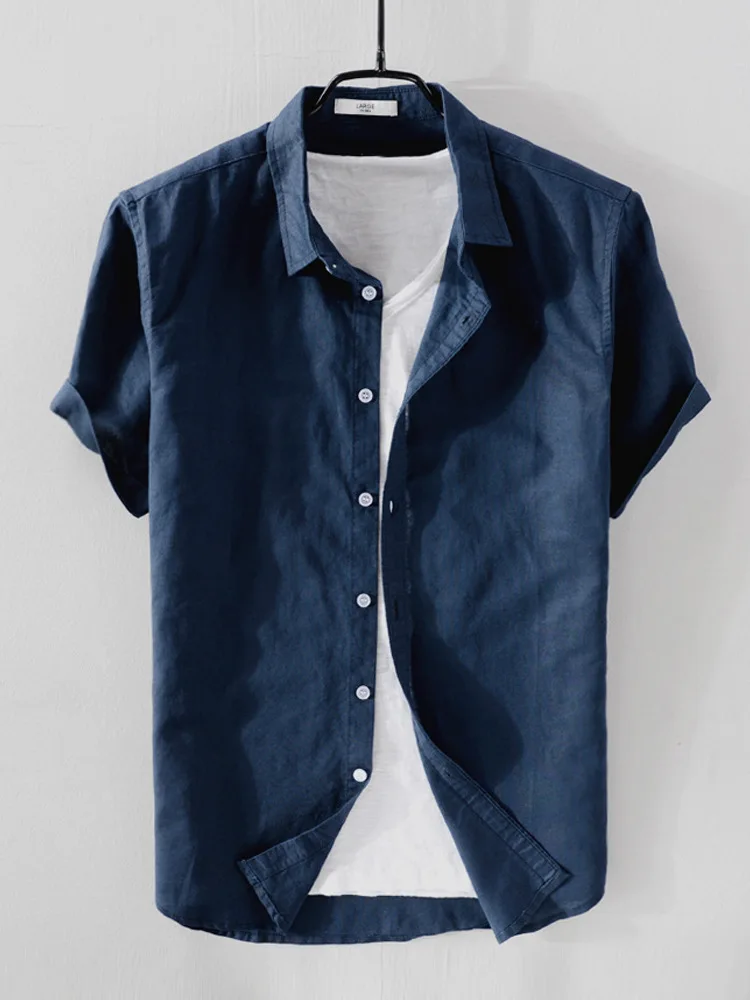 Camisa de manga corta de lino y algodón para hombre, camisa informal de lino con solapa para jóvenes, verano, 2023