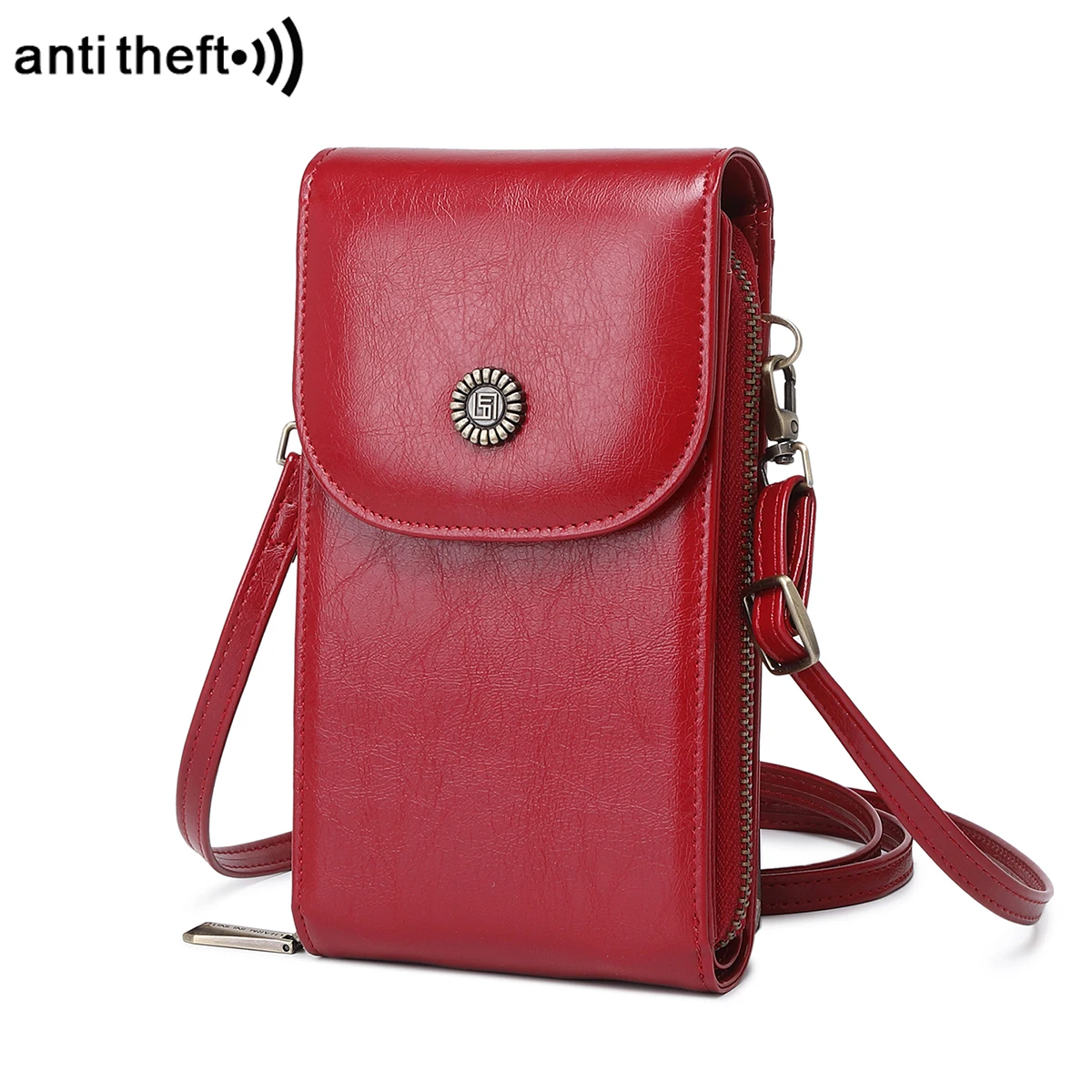 Retro oil wax leather mobile phone bag RFID anti-theft brush vertical shoulder bag Fashion crossbody mobile phone wallet