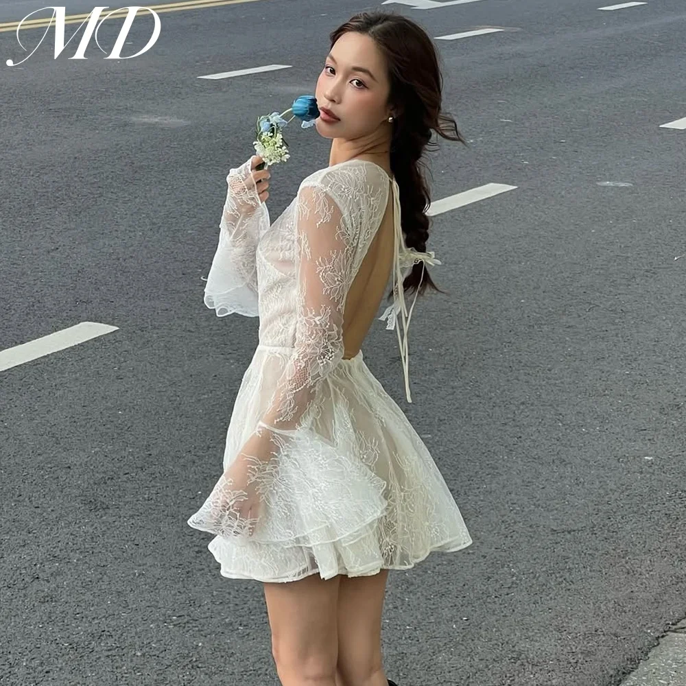 

MD New Elegant A-line Lvory Short Evening Gown O-Neck Lace Long Cap Sleeve Backless Pleat Street Photography Customized 2025
