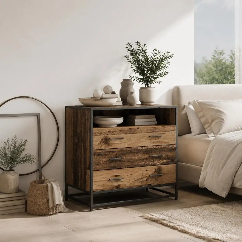 Kommode, Holz-Aufbewahrungsschrank, 3-Schubladen-Schrank aus Altholz 70 x 41 x 70 cm, Wohnzimmer-Organizer, Beistellschrank
