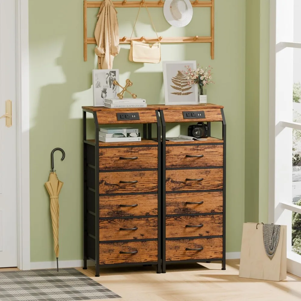 

5 Drawers Dresser with Charging Station, Tall Night Stand w/Storage Shelf, Fabric Chest of Drawers, Bedside Table ,3 Ways to Use