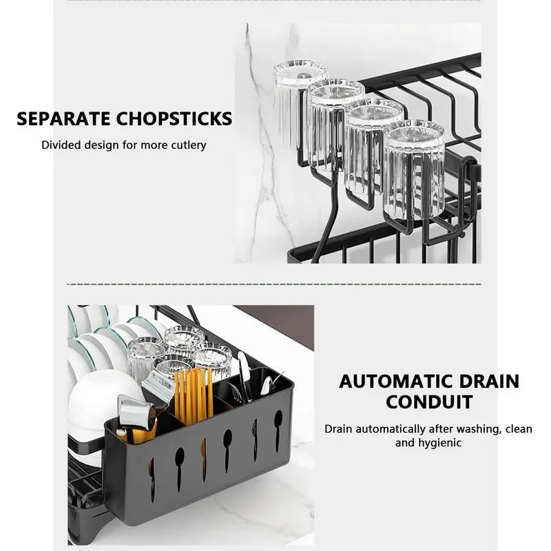 Stendino per piatti Stendino per piatti multifunzionale a 2 livelli e vassoio di drenaggio Colino per piatti con vassoio per scolapiatti Portabicchieri e utensili