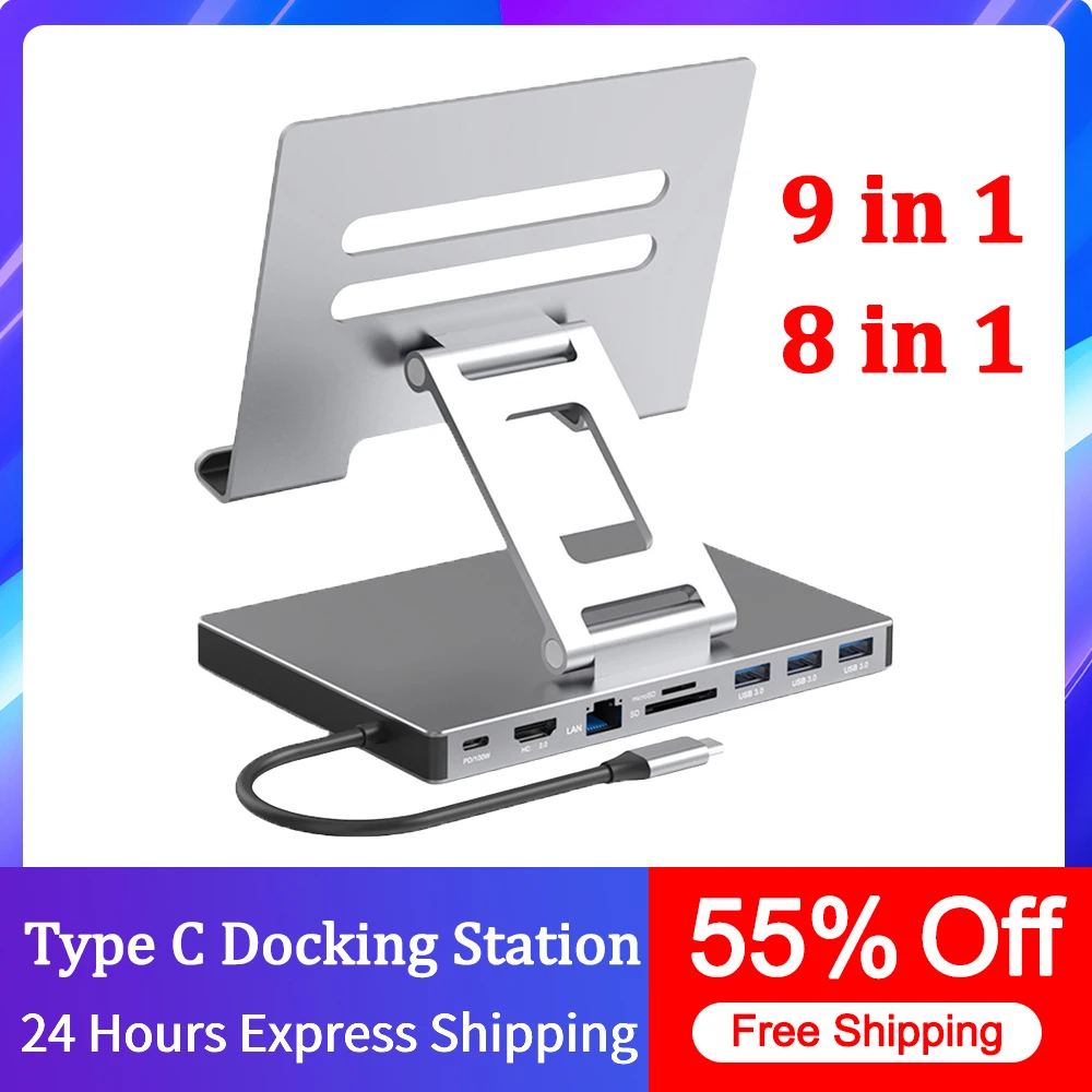 Type C Docking Station Aluminum Alloy USB C Docking Station Laptop Stand USB3.0 PD RJ45 USB Hub Adapter Dock for Laptop Tablet