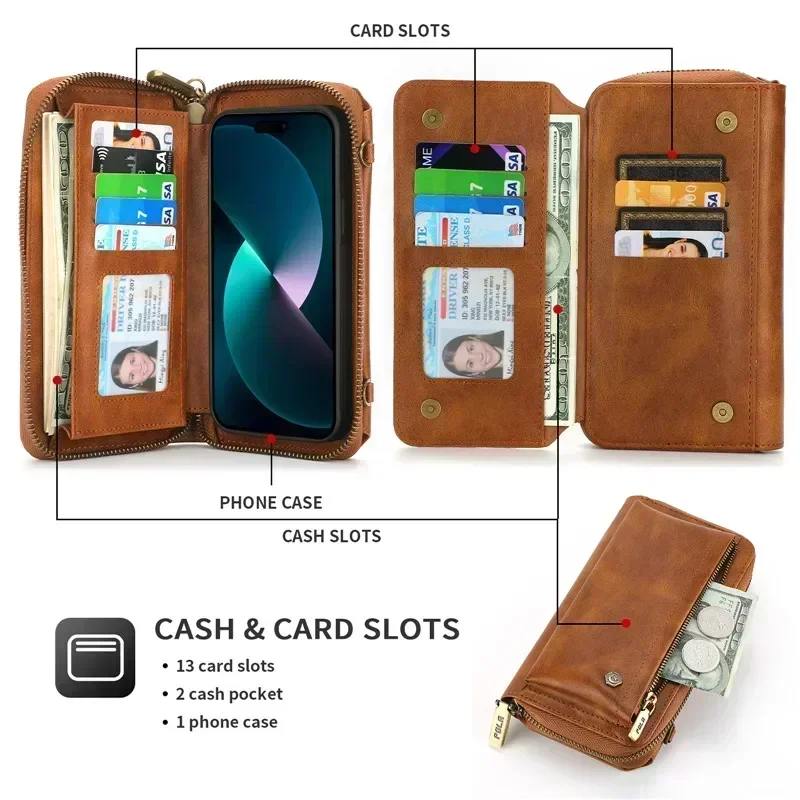 Luxury Leather Zipper Wallet Card Phone Bag for IPhone 15 Pro Max 14 Plus 13 12 11 SE XS XR X 8 7 6S Lanyard Flip Case Cover