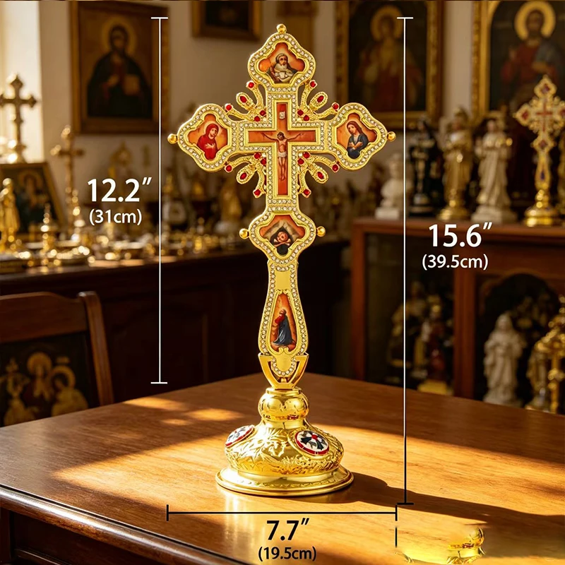 Gold Plated Orthodox Standing Blessing Cross with Enamel Icons and Red Crystal Accents for Christian Church Altar Liturgy and Pr