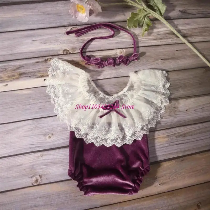 رومبير من الدانتيل المخملي الناعم لحديثي الولادة مع عصابة رأس على شكل فيونكة متطابقة، مجموعة ملابس أطفال فاخرة مريحة لالتقاط صور #1