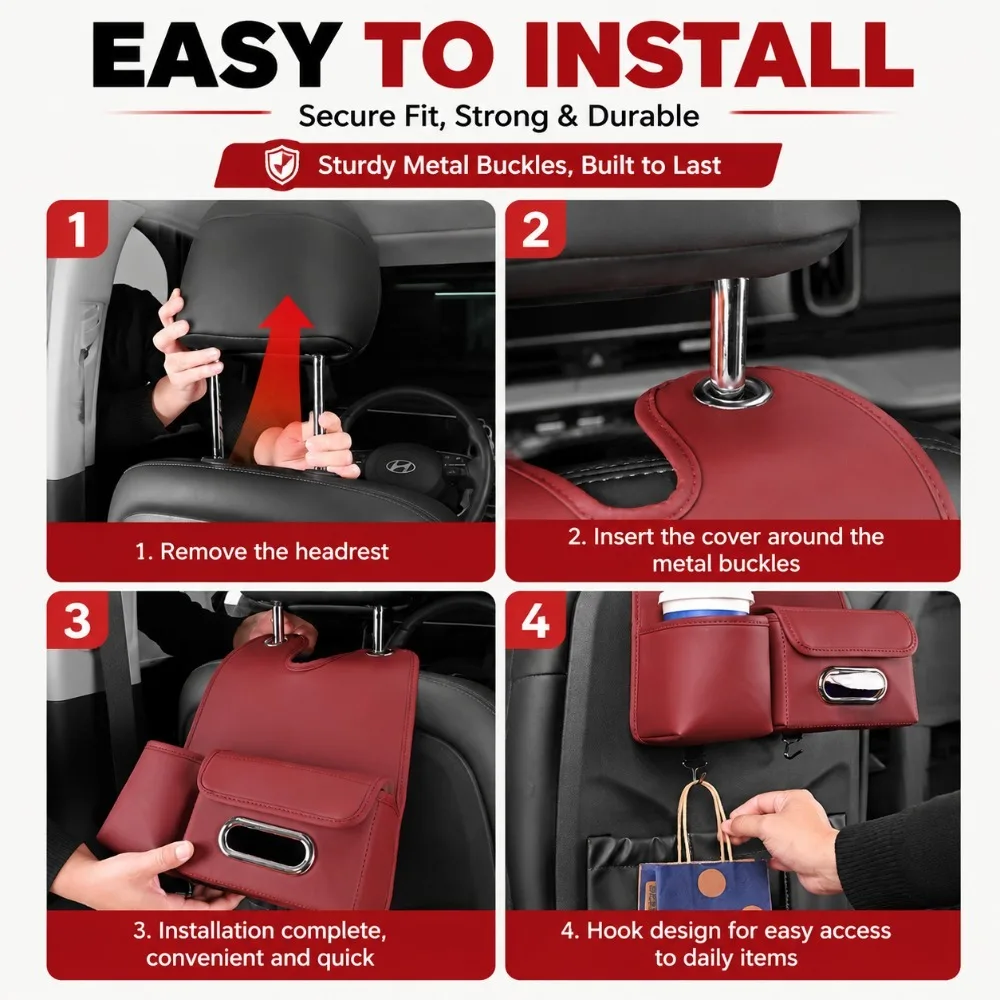 Car Seat Back Organizer - Multi-Pocket Organizer with Hooks, Universal Car Seat Back Storage Solution, Durable Pu Leather Hanging Car Organizer, Suitable for Phones, Tissues, and Drinks