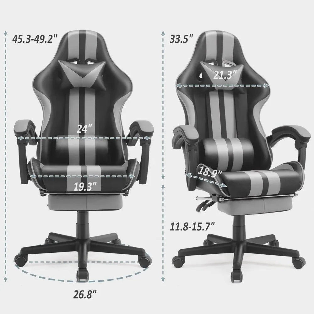 Grey Gaming Chairs with Footrest,PC Gaming Chair,Ergonomic Office Chair with Adjustable Headrest and Lumbar Support(Grey)