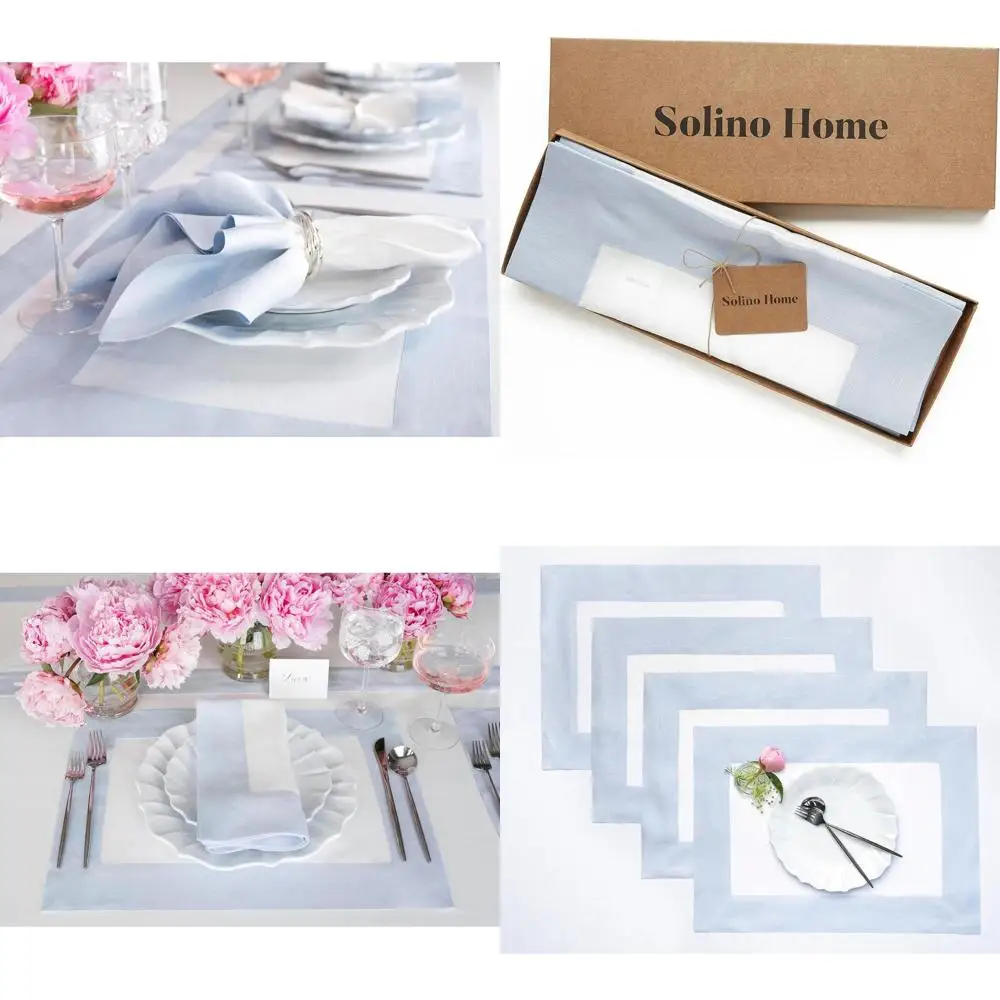 

Set of 4 Linen Placemats - 14x19 Light Blue & White - Pure Linen for Christmas Table - Modern, Handmade, Washable