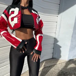 Weird Puss Faux Leather Varsity Jacket Women Hipster Letter Print Autumn Casual Sporty Wild Streetwear Uniform Trend Crop Coat