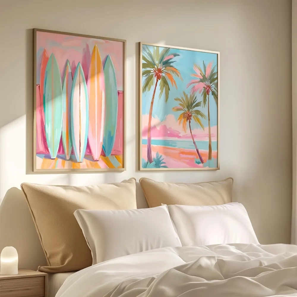 2pcs Frameless,Soft Ocean Wall Art,Coastal Colorful Beach Poster House Decor,Gifts for Beach Lovers and Surfers,Surf Wall Art